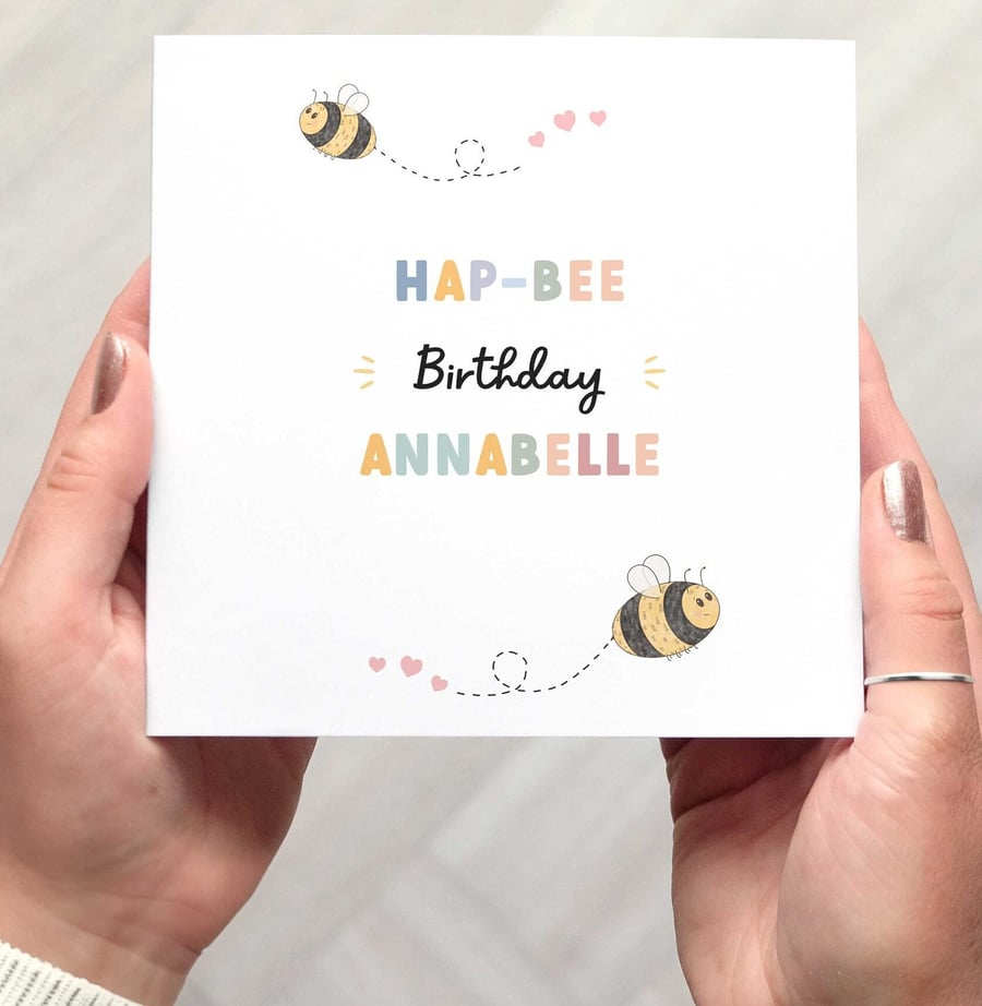 Personalised Bee Birthday Card For Her, Cute Illustrations, Bright Colourful