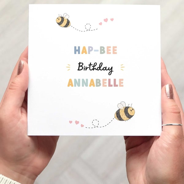 Personalised Bee Birthday Card For Her, Cute Illustrations, Bright Colourful