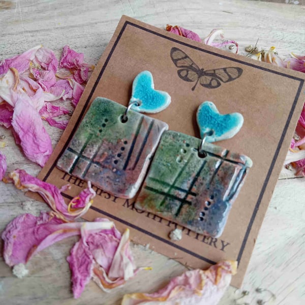 Blue heart square abstract print ceramic earrin... - Folksy