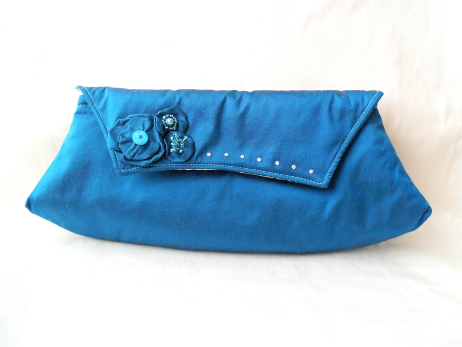    Clutch Bag in Peacock Blue Silk 