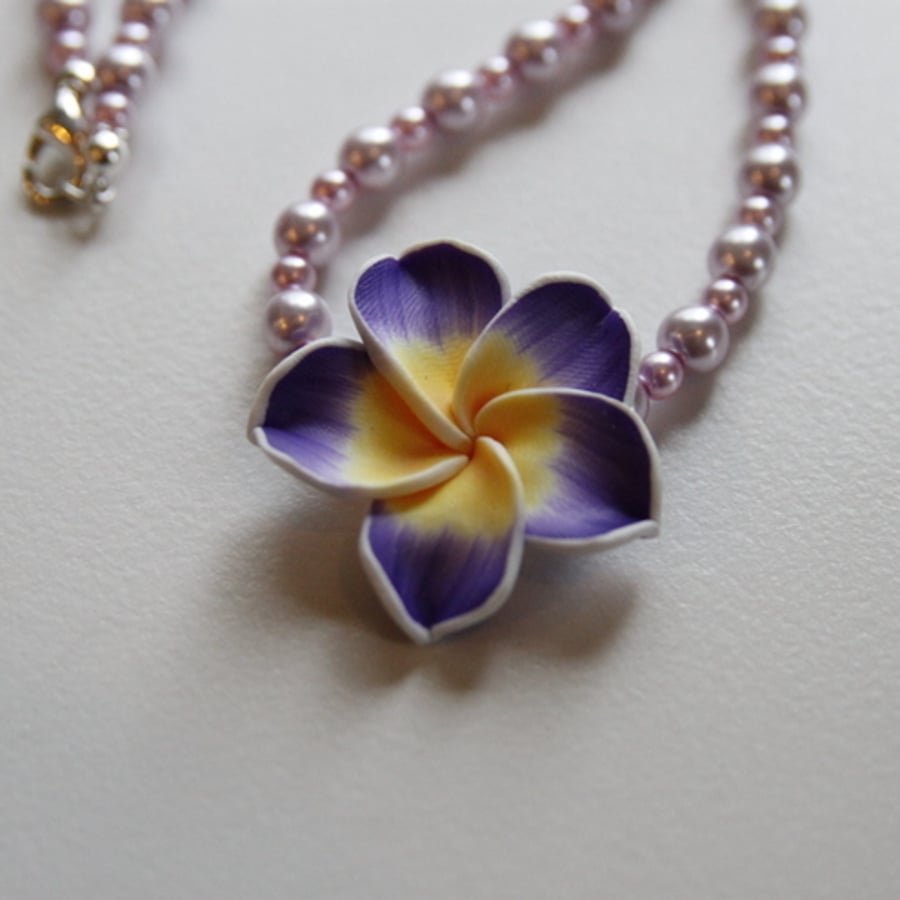 Purple flower and pink pearl necklace - UK Free Post