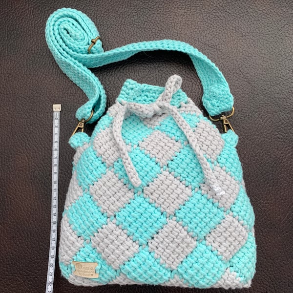 Hand crocheted drawstring bag