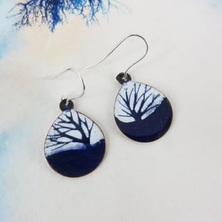 Navy and white oval teardrop dangle earrings in copper and enamel with trees