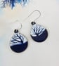 Navy and white oval teardrop dangle earrings in copper and enamel with trees