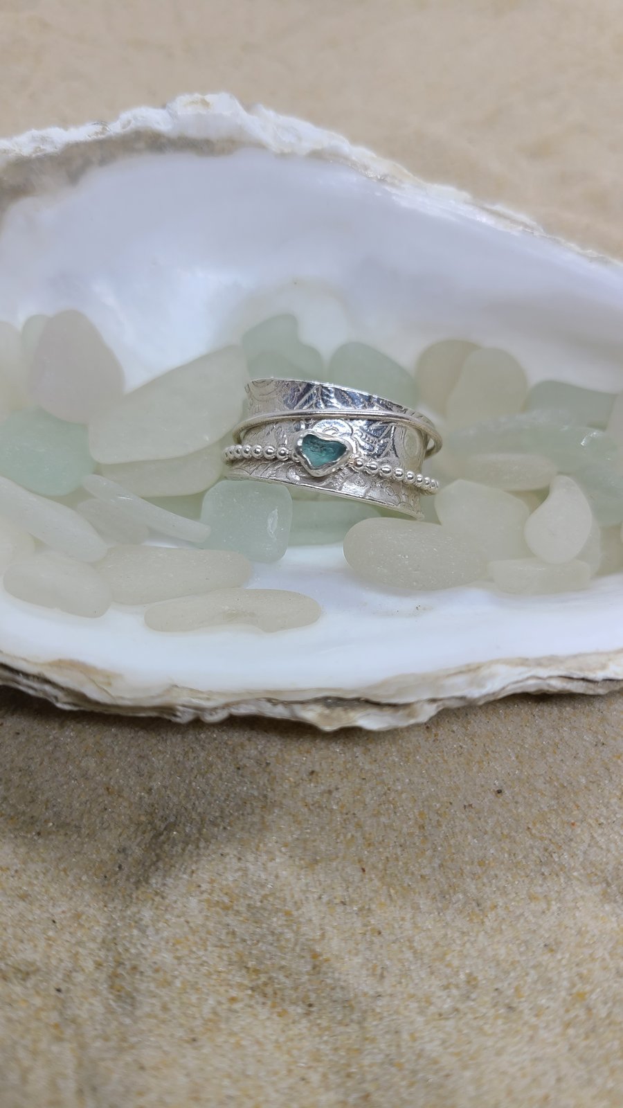 Light teal blue sea glass and silver spinner ring SR7