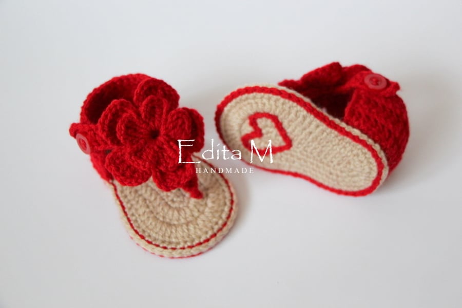 Baby sandals, baby shoes, slippers, 3-6 months, baby gift idea, red, tan sandals