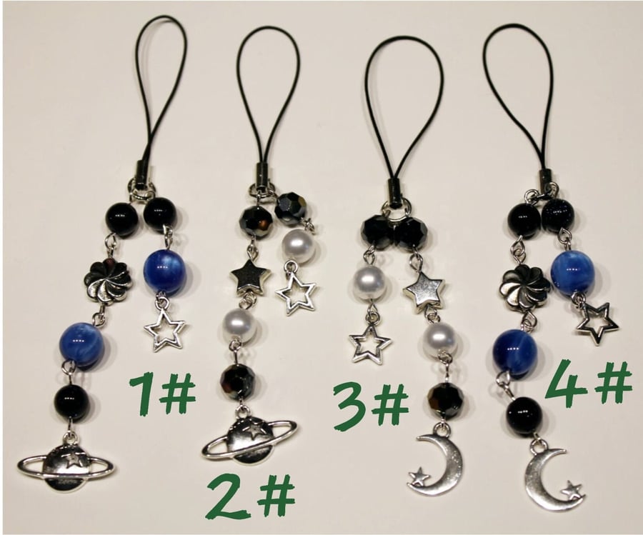space themed keychains, moon and star phone charms, galaxy, planet keychain