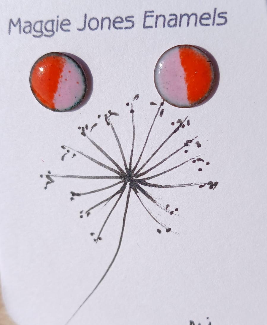 Round stud earrings - 9mm - Enamelled with sterling silver post -Orange andPink
