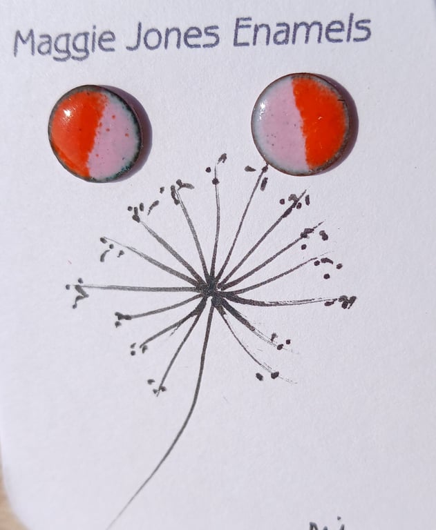 Round stud earrings - 9mm - Enamelled with sterling silver post -Orange andPink