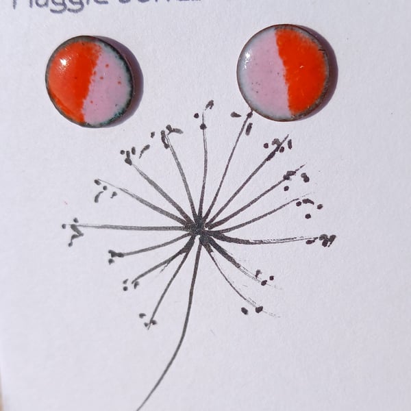Round stud earrings - 9mm - Enamelled with sterling silver post -Orange andPink