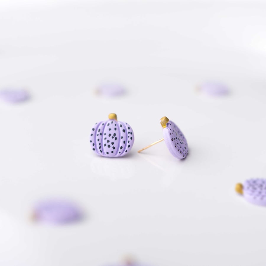 Handmade Purple Pumpkin Stud Earrings: Spotted Polymer Clay