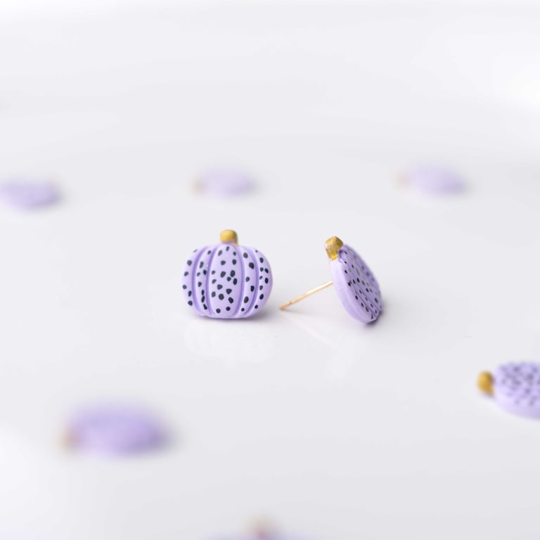 Handmade Purple Pumpkin Stud Earrings: Spotted Polymer Clay
