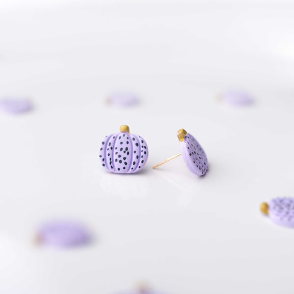Handmade Purple Pumpkin Stud Earrings: Spotted Polymer Clay