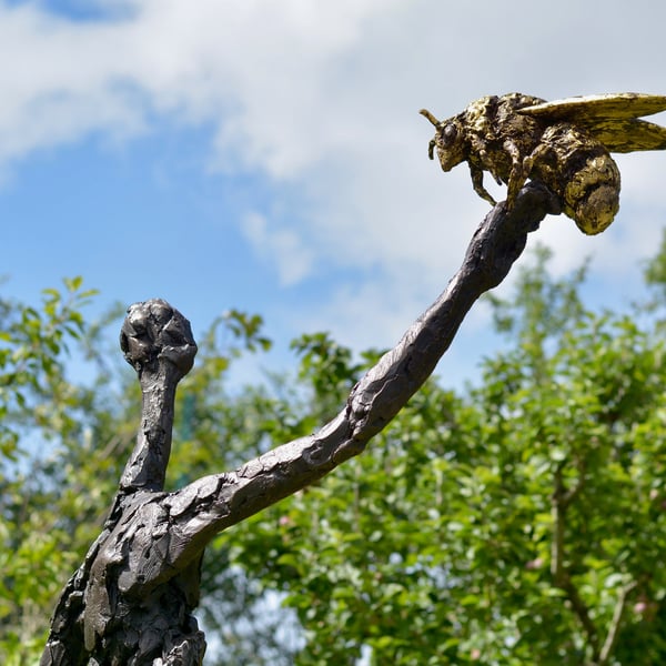 Fragile Life, Figure with Bee Statue Large Bronze Resin Garden Sculpture