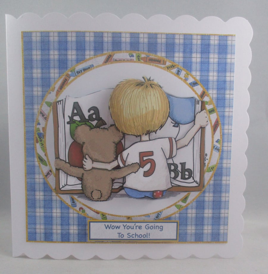 First Day at school, Nursery Boy Greeting Card,Personalise,3D,Decoupage