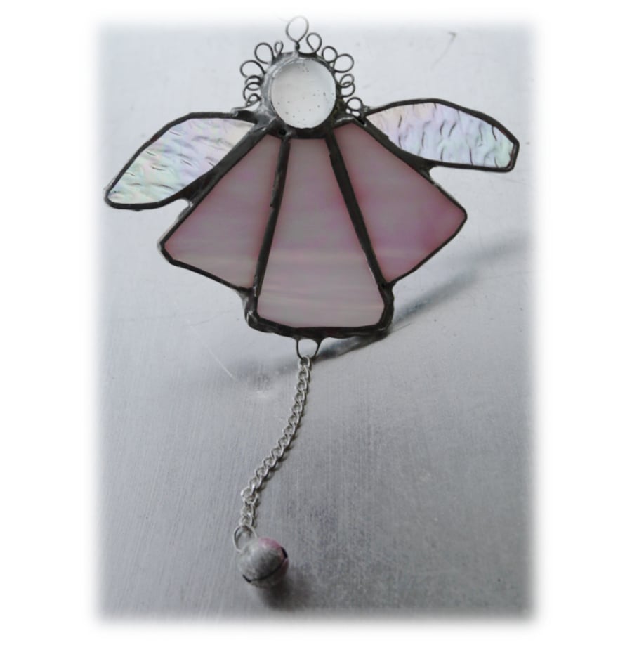 SOLD Angel Bell Suncatcher Stained Glass Shiny Pink 035