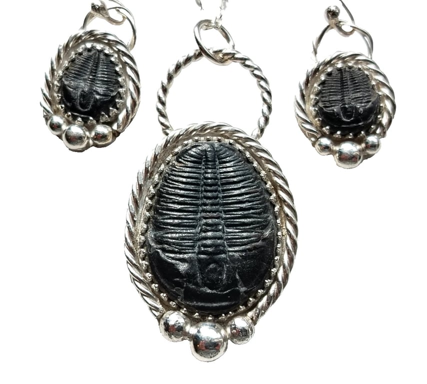 Necklace Earrings Trilobite Fossils Jewellery Gift Set Recycled Sterling 925