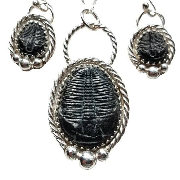 Necklace Earrings Trilobite Fossils Jewellery Gift Set Recycled Sterling 925