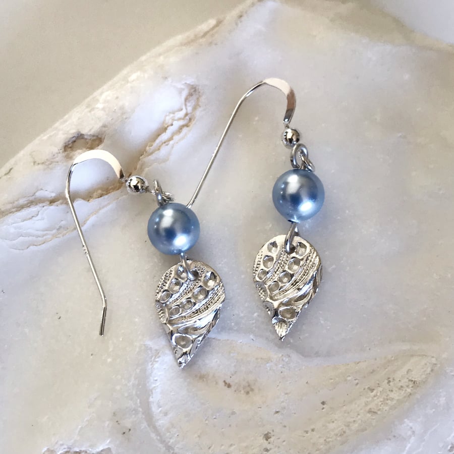 Silver and blue pearl dangle earrings