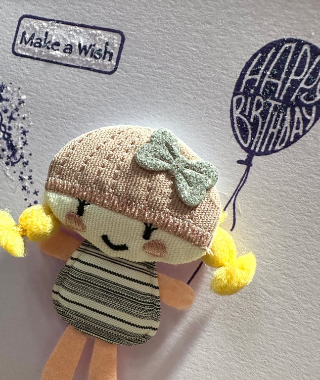 Birthday card for girl. Make a wish, 3D fabric doll motif,  silver bow hat 