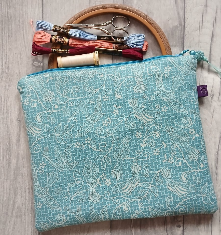 Bird Lace Print Zip Top Storage Bag, Project Bag, Make Up Bag