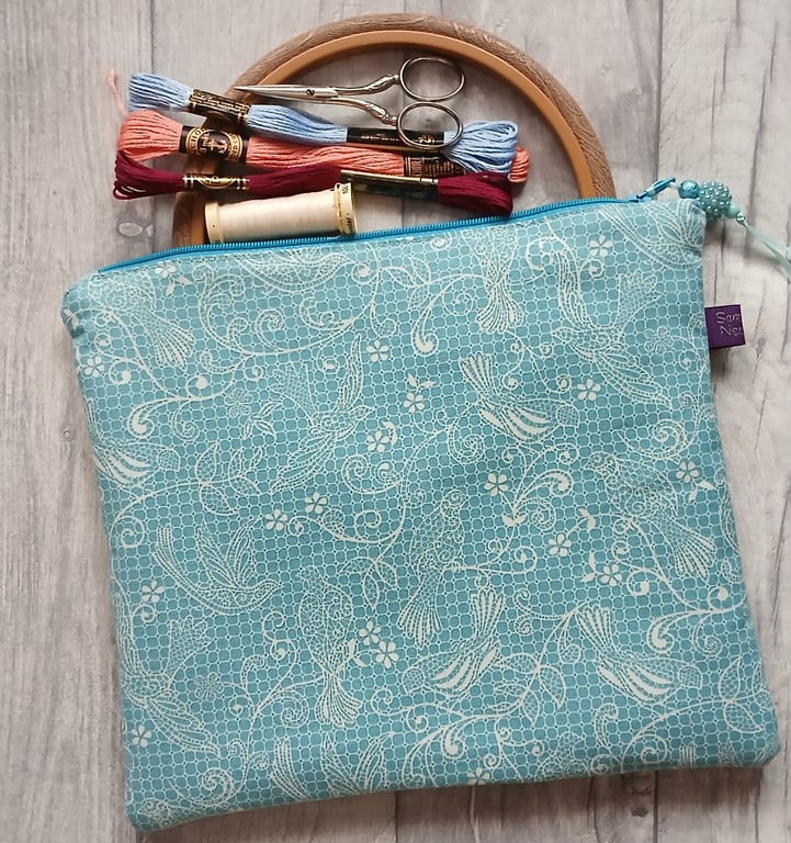 Bird Lace Print Zip Top Storage Bag, Project Bag, Make Up Bag