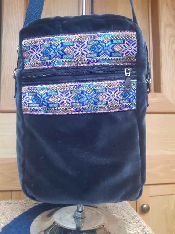 Midnight blue velvet and braid bag