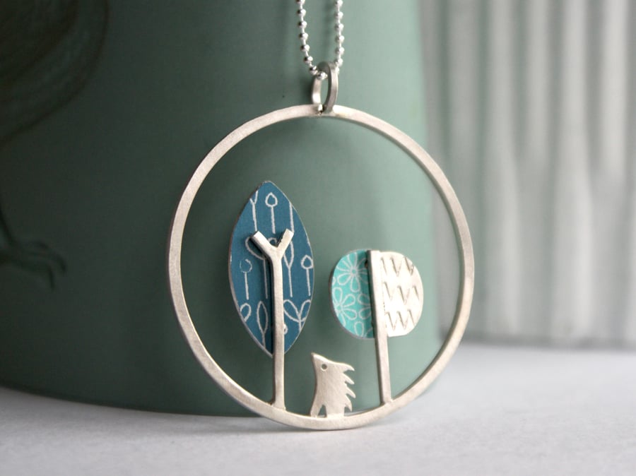 Hedgehog and trees necklace