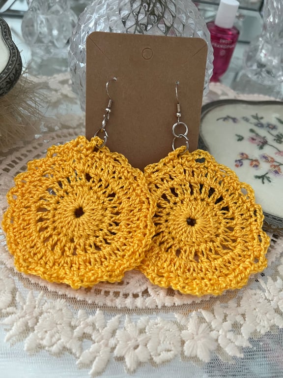 Crochet Mandala Earrings Yellow 