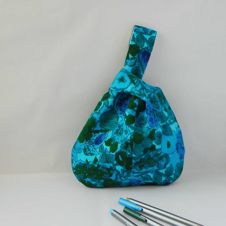 Blue and jade floral Japanese Knot bag in vintage fabric