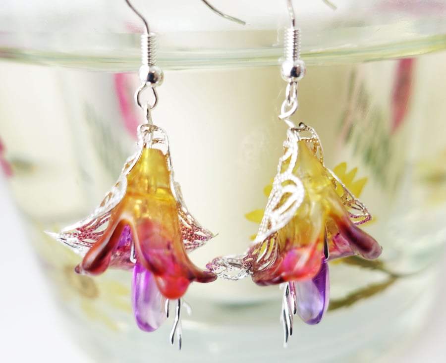 Cerise and Saffron Hand Tinted Lucite  Fairy Earrings - Sterling silver hooks