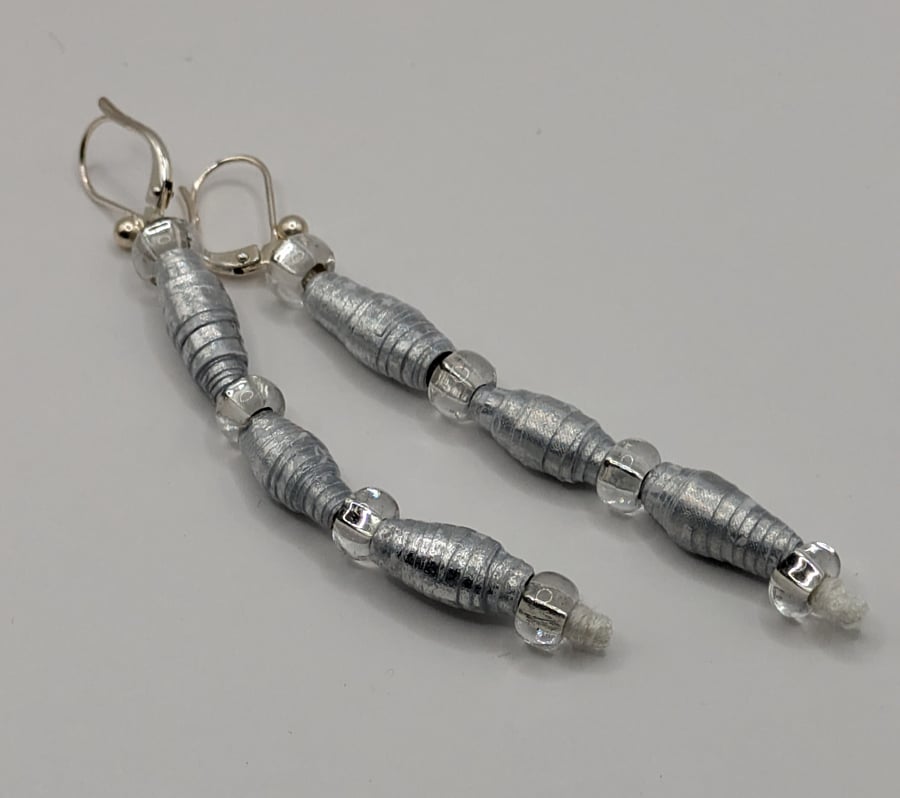 Silver And White Christmas Paper Bead Earrings 