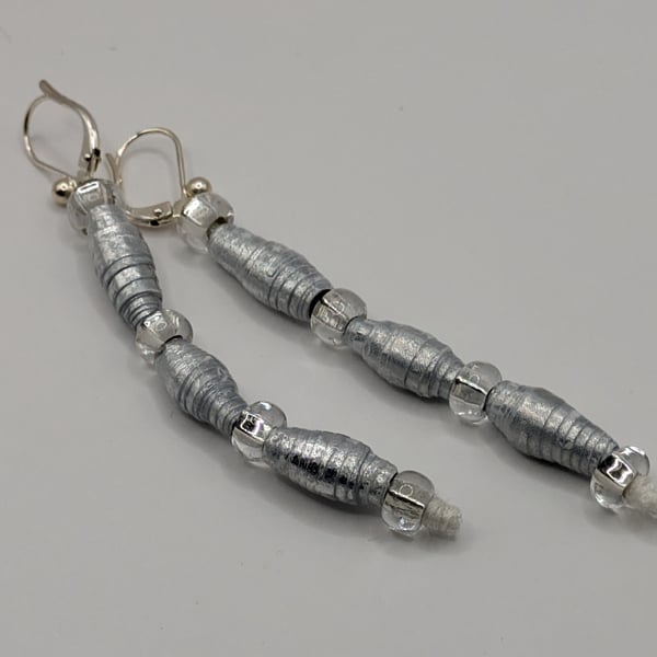 Silver And White Christmas Paper Bead Earrings 