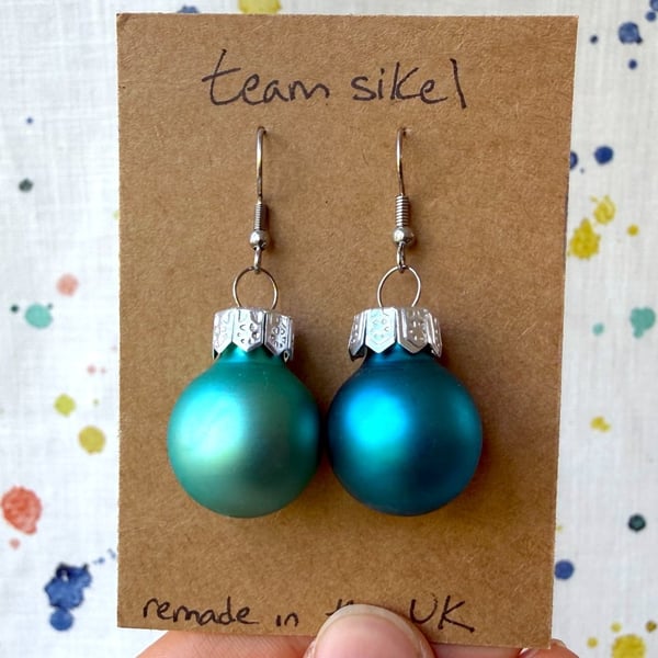 Mixed Frosted Turquoise Glass Mini Bauble Earrings - Festive - Super Seconds