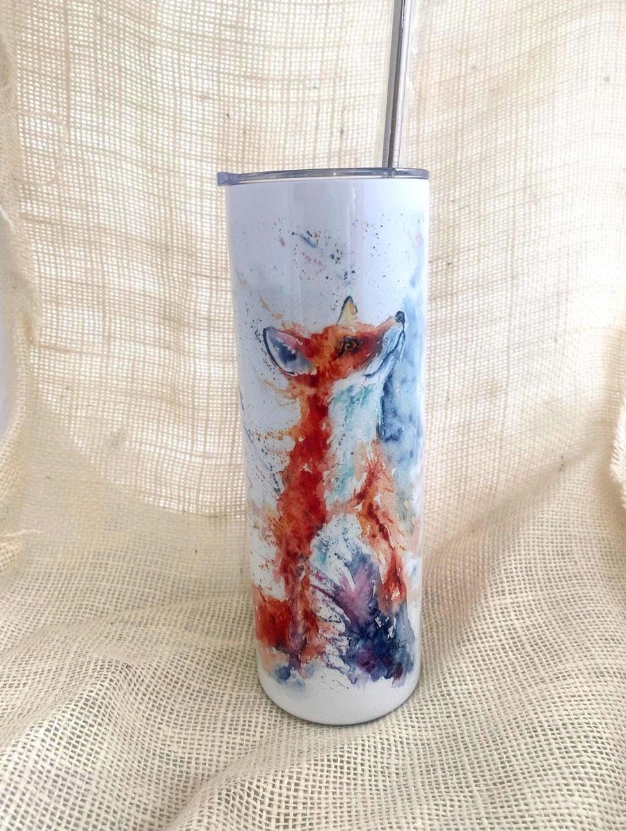 Fox Watercolour Tumbler. 20oz Vacuum-Insulated Stainless Steel Travel Cup, with 