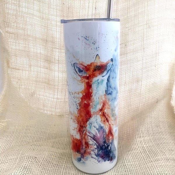 Fox Watercolour Tumbler. 20oz Vacuum-Insulated Stainless Steel Travel Cup, with 