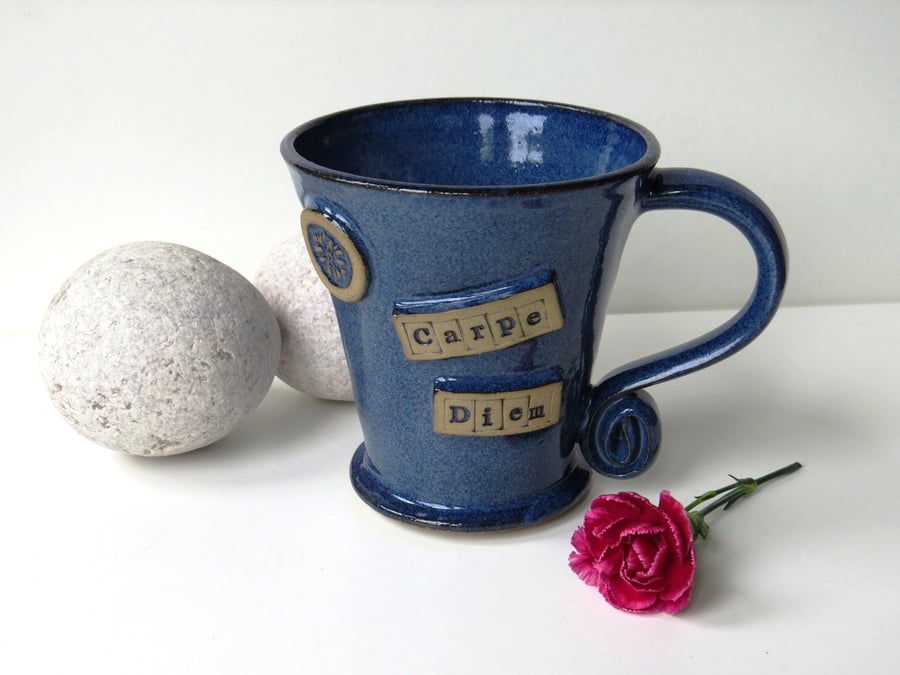 Carpe Diem - Flower -  Blue Mug  Ceramic Pottery -Seize the Day