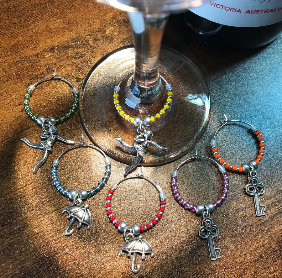 Dancing In The Rain - Set of Six Beaded Wine Glass Markers with Silver Charms