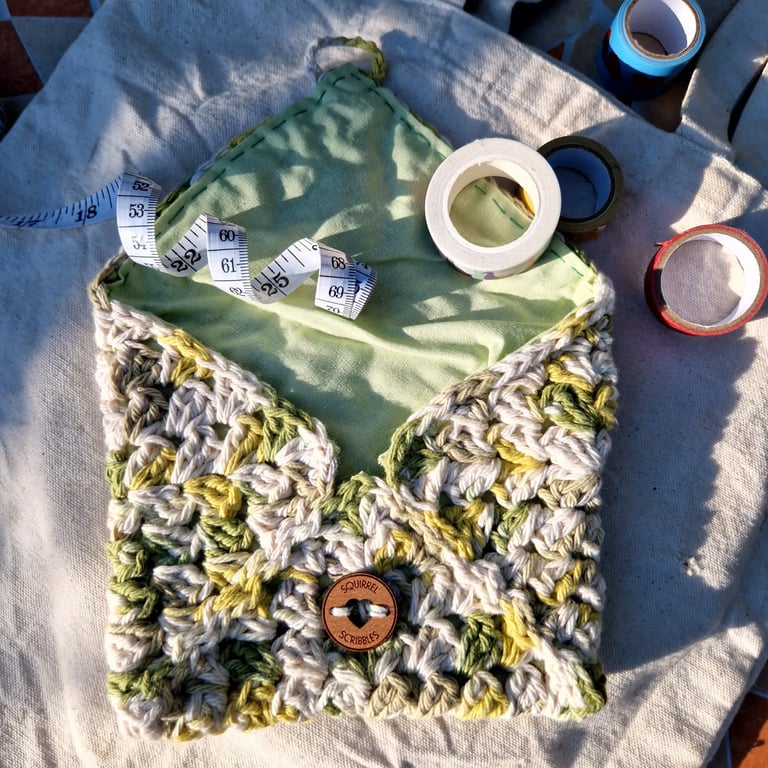 Olive green cotton lined small crochet pouch, Friend birthday or Christmas gift