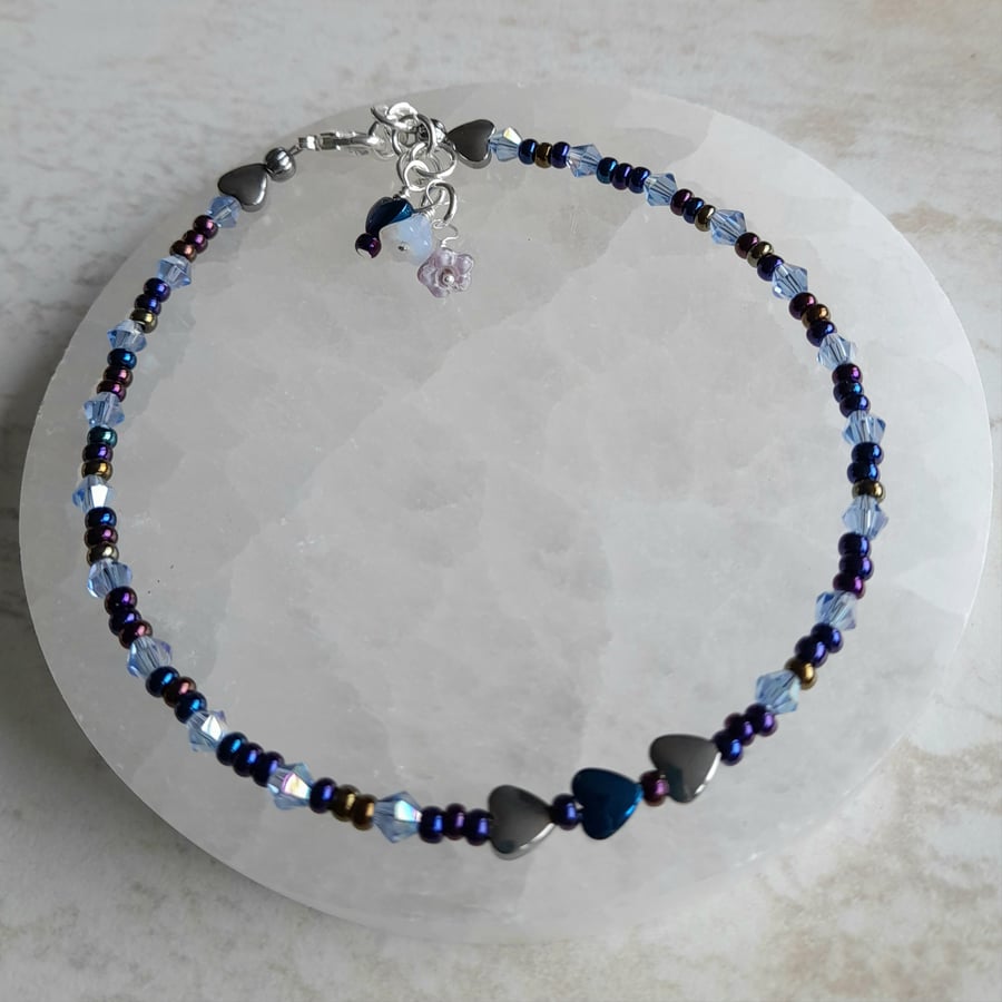 Anklet Hematite Hearts Crystals And Seed Beads   