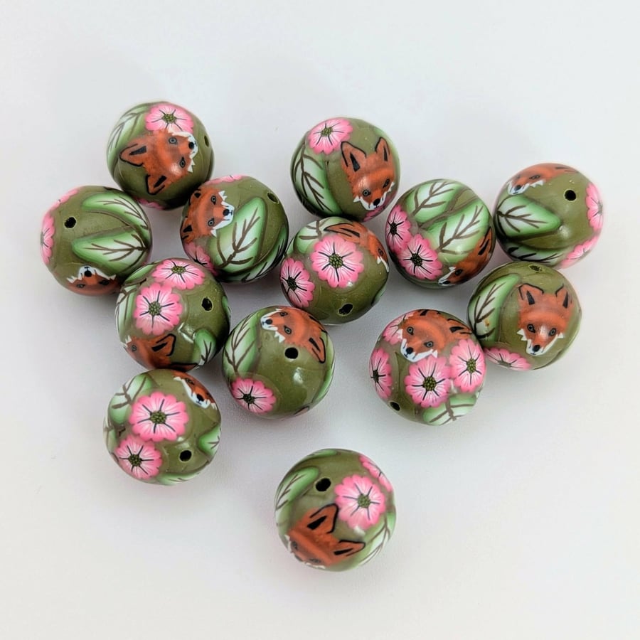 Polymer Clay Fox, Flower and Leaf Design Beads
