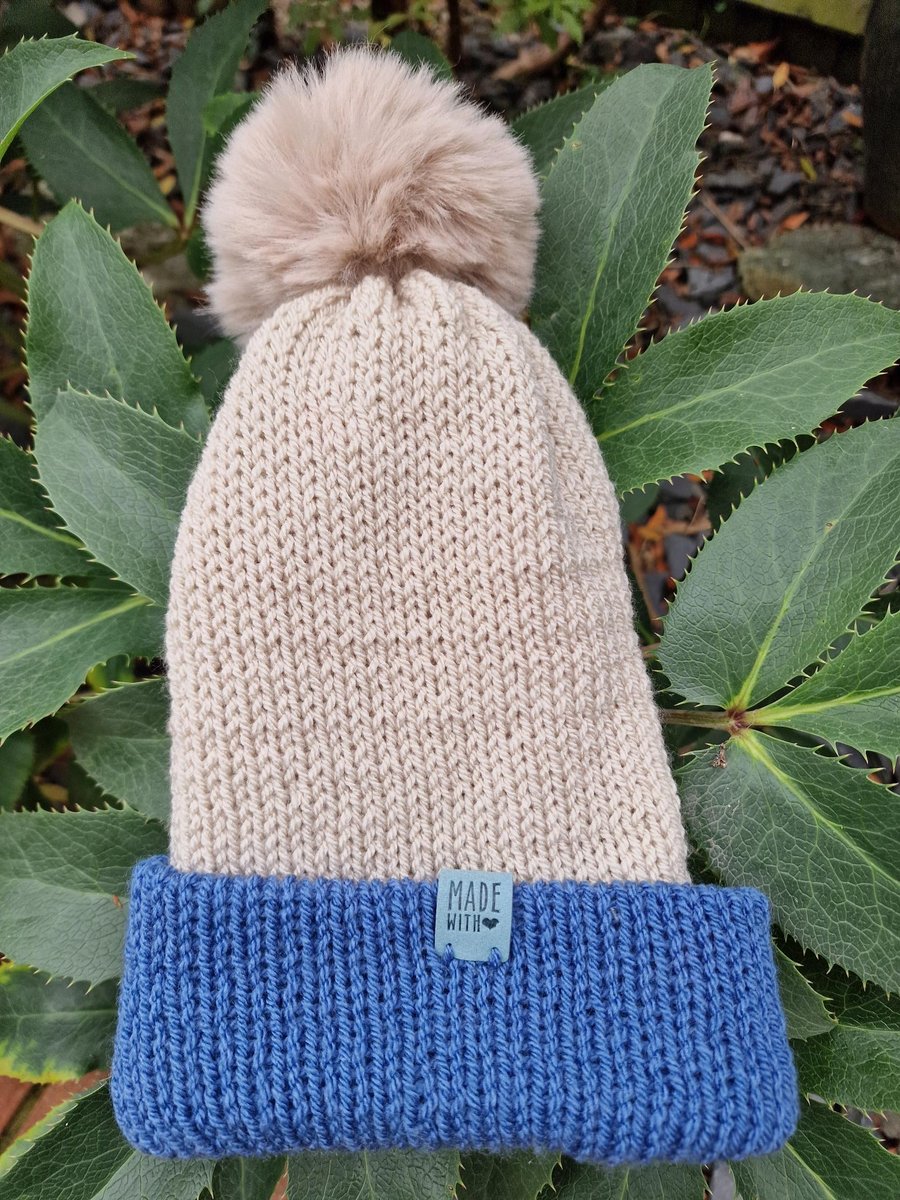 Bobble Hat Ladies' Light Beige and Blue Handmade Knitted 
