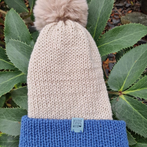 Bobble Hat Ladies' Light Beige and Blue Handmade Knitted 