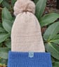 Ladies' Light Beige and Blue Handmade Knitted Bobble Hat