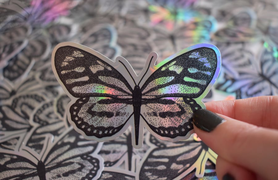 Holographic Butterfly Stickers - Hand drawn illustration Vinyl Die Cut Rainbow 