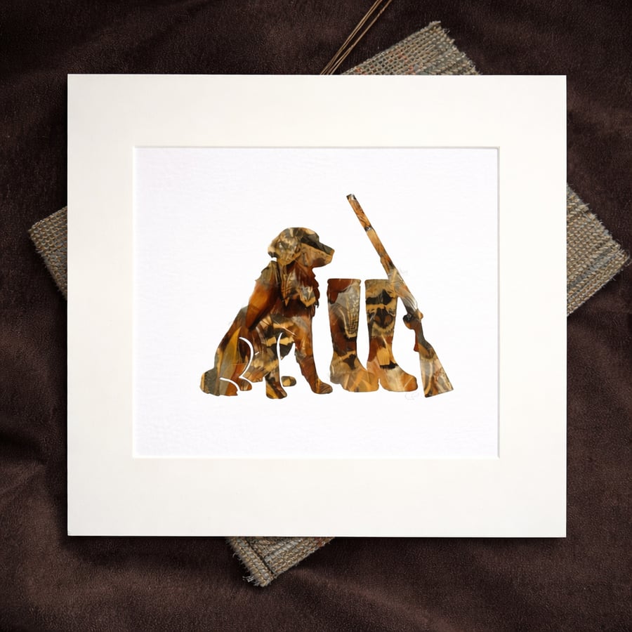 Gun Dog, Wellies & Shotgun Feather Artwork – Handmade Countryside Wall Art