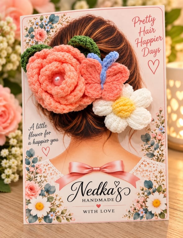 Handmade Floral Hair Clip – Crochet Peach Rose & Daisy