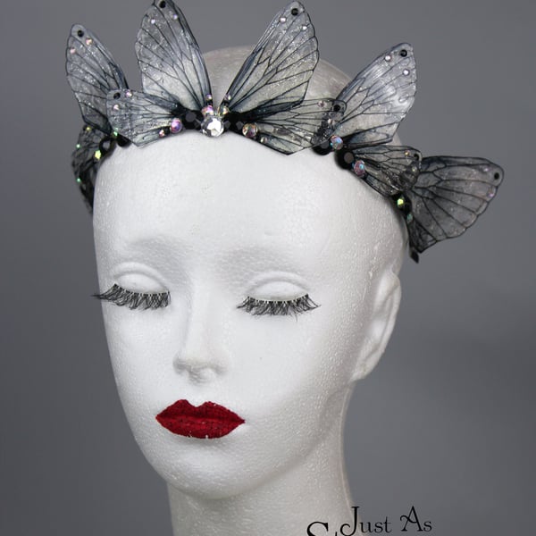 MADE TO ORDER - Stunning Gothic Black Sparkle Halloween Fairy Wing Tiara Crown 
