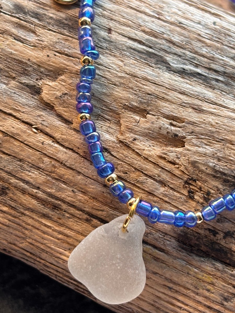 Bracelet - White Seaglass with Dark Blue and Gold Sparkle