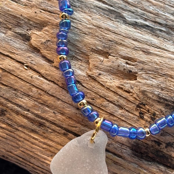 Bracelet - White Seaglass with Dark Blue and Gold Sparkle